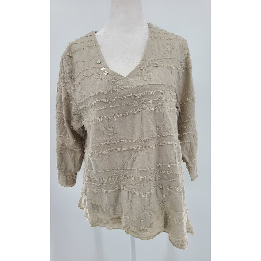 Lulu-B Asymmetrical Women Beige Fringed Tunic Top Medium 3/4‎ Sleeve Artsy Boho